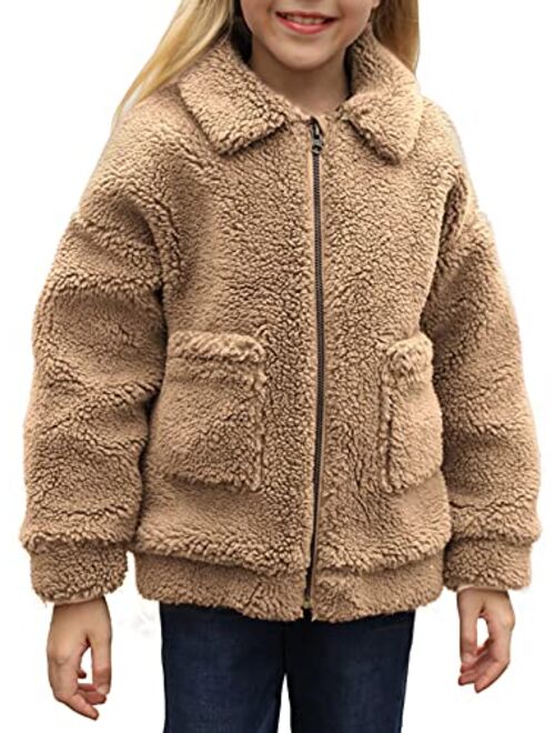 Sidefeel Girl's Soft Lapel Fleece Zip Up Faux Shearling Fluffy Cropped Jacket Coat