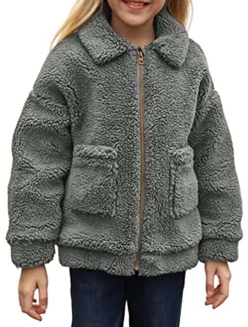 Sidefeel Girl's Soft Lapel Fleece Zip Up Faux Shearling Fluffy Cropped Jacket Coat