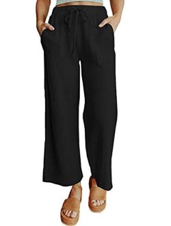 Sidefeel Womens Cropped Elastic Waist Casual Lightweight Pants Drawstring Relaxed Fit Pants