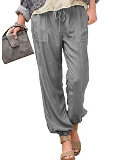 Sidefeel Womens Cropped Elastic Waist Casual Lightweight Pants Drawstring Relaxed Fit Pants