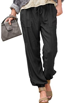 Sidefeel Womens Cropped Elastic Waist Casual Lightweight Pants Drawstring Relaxed Fit Pants