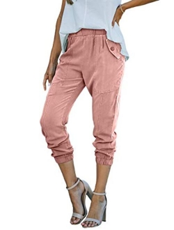 Sidefeel Womens Cropped Elastic Waist Casual Lightweight Pants Drawstring Relaxed Fit Pants