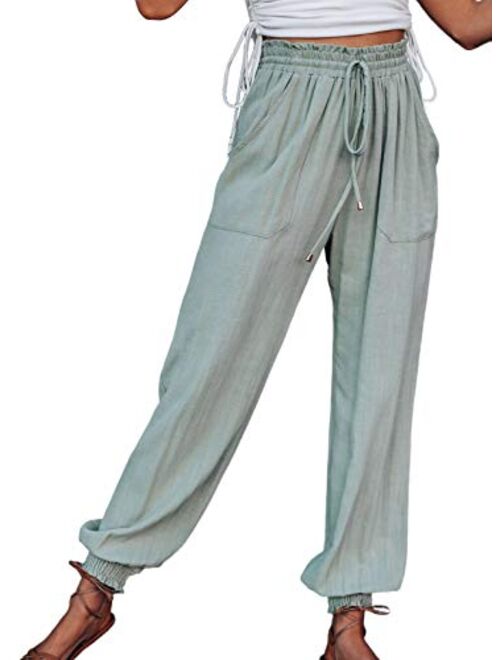 Sidefeel Womens Cropped Elastic Waist Casual Lightweight Pants Drawstring Relaxed Fit Pants