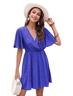 Women's Short Sleeve V Neck All Over Print High Waist A Line Summer Short Dress