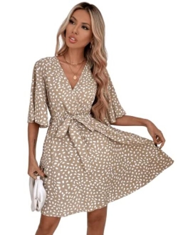 Women's Short Sleeve V Neck All Over Print High Waist A Line Summer Short Dress