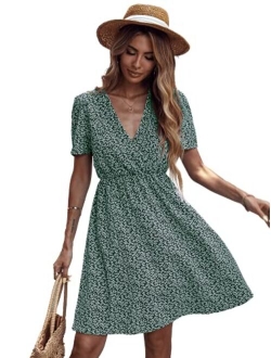 Women's Short Sleeve V Neck All Over Print High Waist A Line Summer Short Dress