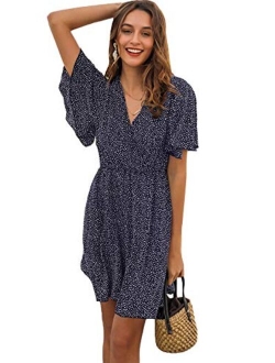 Women's Short Sleeve V Neck All Over Print High Waist A Line Summer Short Dress