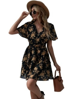 Women's Short Sleeve V Neck All Over Print High Waist A Line Summer Short Dress