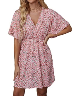 Women's Short Sleeve V Neck All Over Print High Waist A Line Summer Short Dress