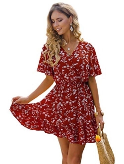 Women's Short Sleeve V Neck All Over Print High Waist A Line Summer Short Dress