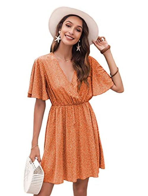 Romwe Women's Short Sleeve V Neck All Over Print High Waist A Line Summer Short Dress