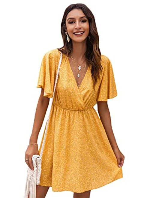 Romwe Women's Short Sleeve V Neck All Over Print High Waist A Line Summer Short Dress