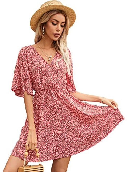 Romwe Women's Short Sleeve V Neck All Over Print High Waist A Line Summer Short Dress