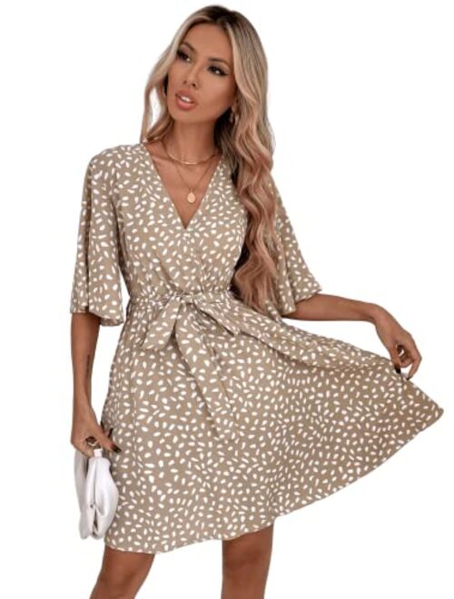 Romwe Women's Short Sleeve V Neck All Over Print High Waist A Line Summer Short Dress