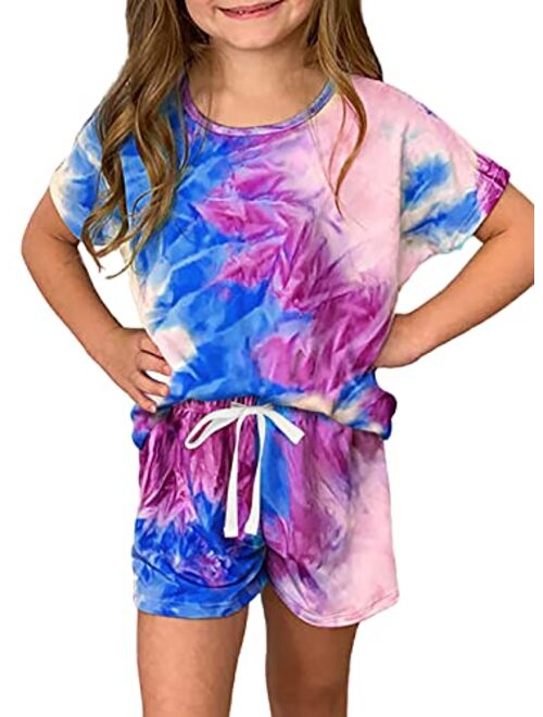 Sidefeel Girls Summer Basic Tie Dye Print T Shirt and Drawstring Shorts Set with Side Pockets