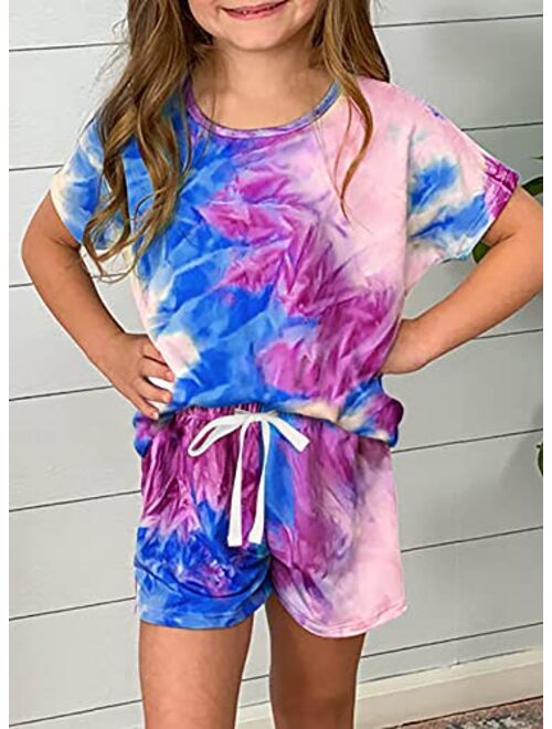 Sidefeel Girls Summer Basic Tie Dye Print T Shirt and Drawstring Shorts Set with Side Pockets