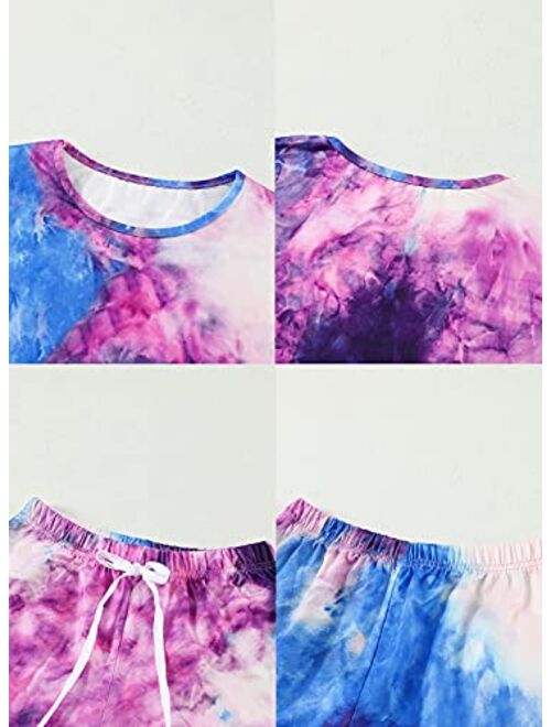 Sidefeel Girls Summer Basic Tie Dye Print T Shirt and Drawstring Shorts Set with Side Pockets