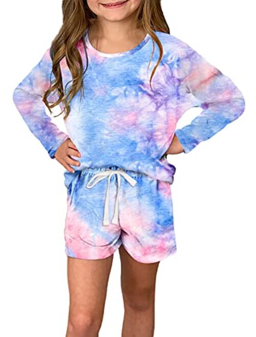 Sidefeel Girls Summer Basic Tie Dye Print T Shirt and Drawstring Shorts Set with Side Pockets