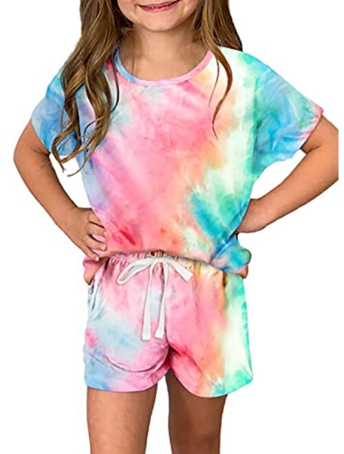 Sidefeel Girls Summer Basic Tie Dye Print T Shirt and Drawstring Shorts Set with Side Pockets