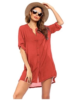 Women's Cover Up Shirt V-Neck Swimsuit Beach Bikini Beachwear Button Down Bathing Suit S-3XL