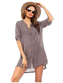 Women's Cover Up Shirt V-Neck Swimsuit Beach Bikini Beachwear Button Down Bathing Suit S-3XL