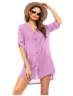 Women's Cover Up Shirt V-Neck Swimsuit Beach Bikini Beachwear Button Down Bathing Suit S-3XL