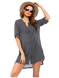 Women's Cover Up Shirt V-Neck Swimsuit Beach Bikini Beachwear Button Down Bathing Suit S-3XL