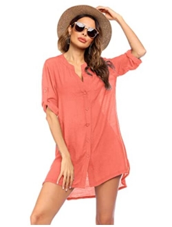 Women's Cover Up Shirt V-Neck Swimsuit Beach Bikini Beachwear Button Down Bathing Suit S-3XL