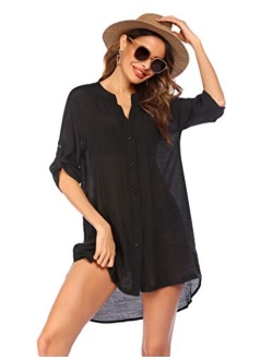 Women's Cover Up Shirt V-Neck Swimsuit Beach Bikini Beachwear Button Down Bathing Suit S-3XL