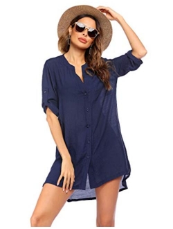 Women's Cover Up Shirt V-Neck Swimsuit Beach Bikini Beachwear Button Down Bathing Suit S-3XL