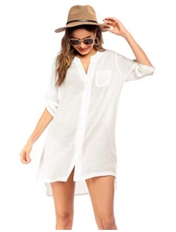 Women's Cover Up Shirt V-Neck Swimsuit Beach Bikini Beachwear Button Down Bathing Suit S-3XL