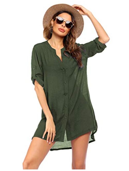 Ekouaer Women's Cover Up Shirt V-Neck Swimsuit Beach Bikini Beachwear Button Down Bathing Suit S-3XL