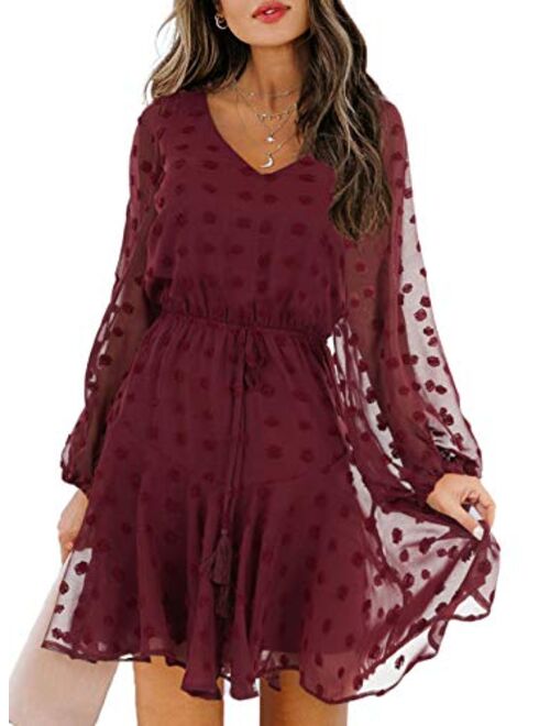 Sidefeel Womens Long Sleeve V Neck Tunic Flowy Dress