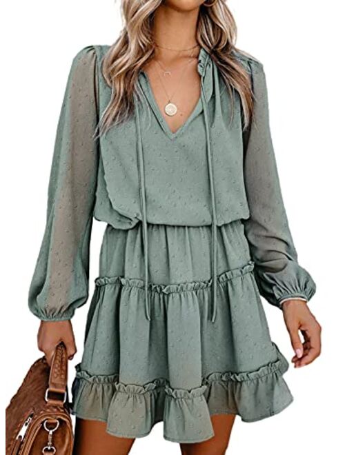 Sidefeel Womens Long Sleeve V Neck Tunic Flowy Dress