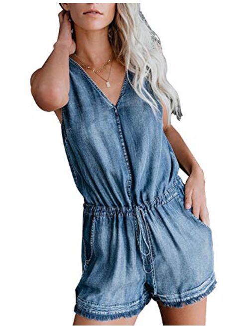 Uaneo Womens Denim Sleeveless V-Neck Drawstring Waist Short Jumpsuits Rompers