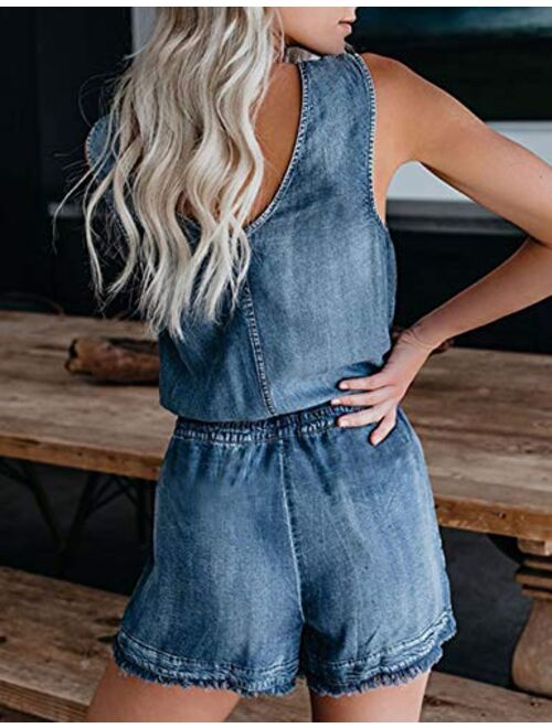 Uaneo Womens Denim Sleeveless V-Neck Drawstring Waist Short Jumpsuits Rompers