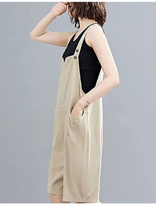 Uaneo Women's Casual Cotton Wide Leg Baggy Shortalls Jumpsuit Overalls Rompers