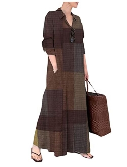 Uaneo Women's Casual Cotton Linen Long Sleeve Printed Spliced Plaid Maxi Dress