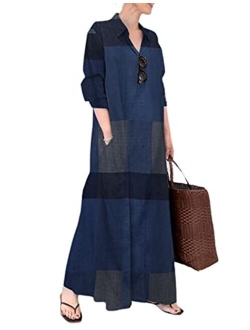 Uaneo Women's Casual Cotton Linen Long Sleeve Printed Spliced Plaid Maxi Dress