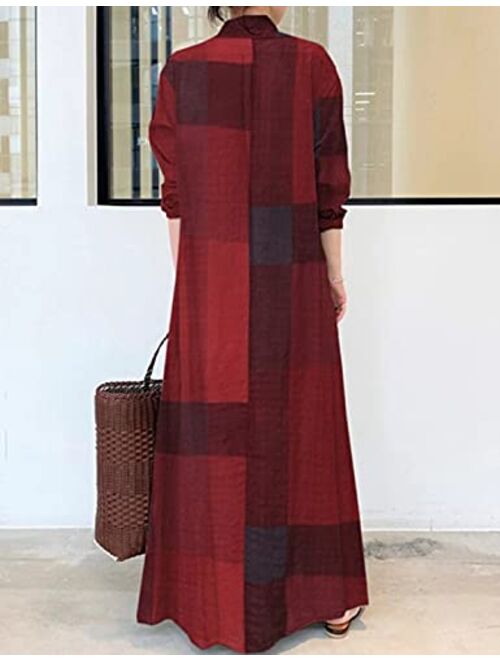 Uaneo Women's Casual Cotton Linen Long Sleeve Printed Spliced Plaid Maxi Dress