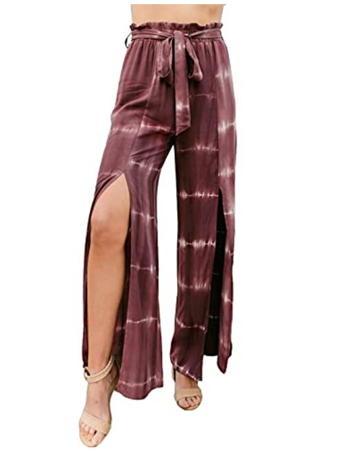 Uaneo Womens Tie Dye Tie High Waist Front Slit Wide Leg Palazzo Pants