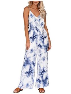 Uaneo Women's Tie Dye V-Neck Spaghetti Strap Tie Waist Wide Leg Cami Jumpsuits