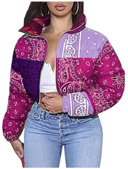 Uaneo Womens Cropped Puffer Jacket BandanaPrint Paisley Short Bubble Coat