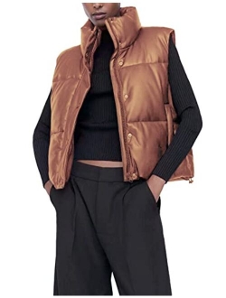 Uaneo Women's PU Leather Cropped Winter Puffer Jacket Vest