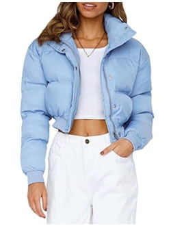 Uaneo Womens Cropped Puffer Jacket Stand Collar Zip Up Winter Padded Down Coats