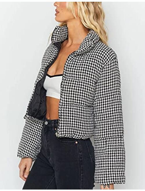 Uaneo Womens Cropped Puffer Jacket Houndstooth Zip Up Winter Down Coat Jacket Outerwear