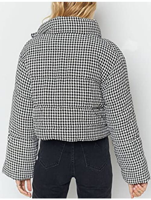 Uaneo Womens Cropped Puffer Jacket Houndstooth Zip Up Winter Down Coat Jacket Outerwear