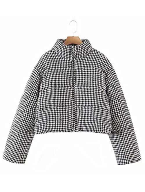 Uaneo Womens Cropped Puffer Jacket Houndstooth Zip Up Winter Down Coat Jacket Outerwear