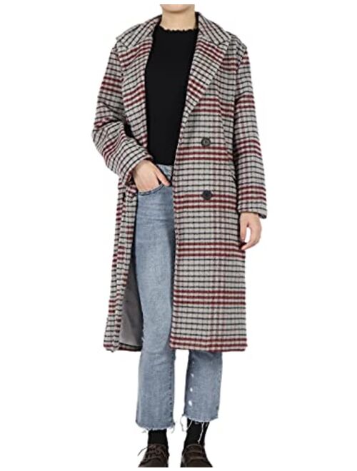 Uaneo Womens Plaid Double Breasted Long Wool Winter Pea Trench Coat