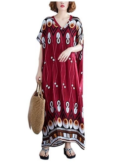 Flygo Women's Boho Printed Short Sleeve Maxi Dresses V-Neck Oversized Caftan Loungewear